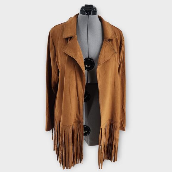 Back In The Saddle Fringe Jacket Womens 1X Brown Faux Suede Boho Western VTG - Picture 1 of 7